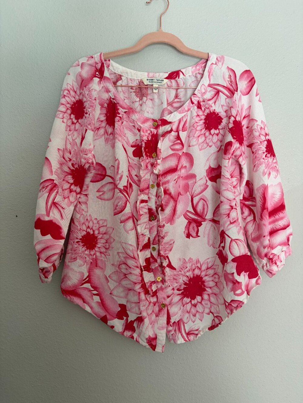 Sherry Taylor American Brand | White/Pink Linen Floral Print Ruffle Shirt Large